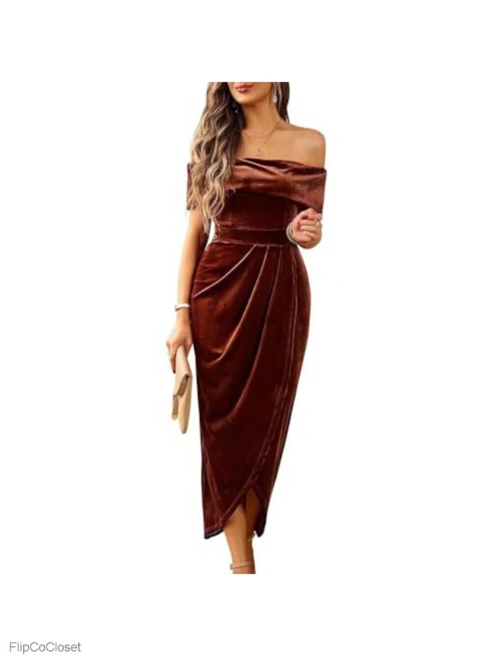 Off Shoulder Velvet Bodycon Midi Dress Wrap Slit Pleated Hem Ruched Club Party